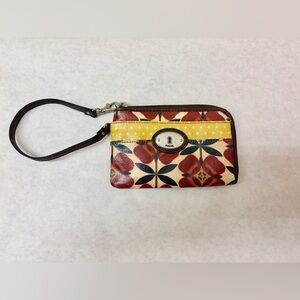 Fossil Key-Per Coated Canvas Wristlet Clutch Flower Brown Cow Hide Leather Trim